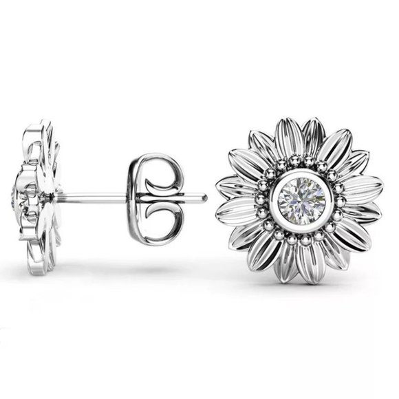 S925 SILVER DIAMOND SUNFLOWER STUD EARRINGS - Picture 2 of 5